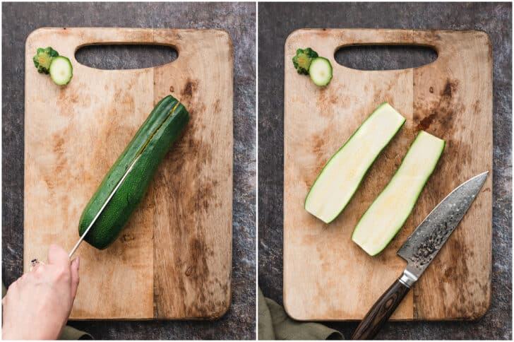 A hand using a chef's knife to cut a green summer squash on a wooden cutting board. The image is a collage. The photo on the left shows the person cutting the squash in half lengthwise, and the photo on the right shows the result of that cut.