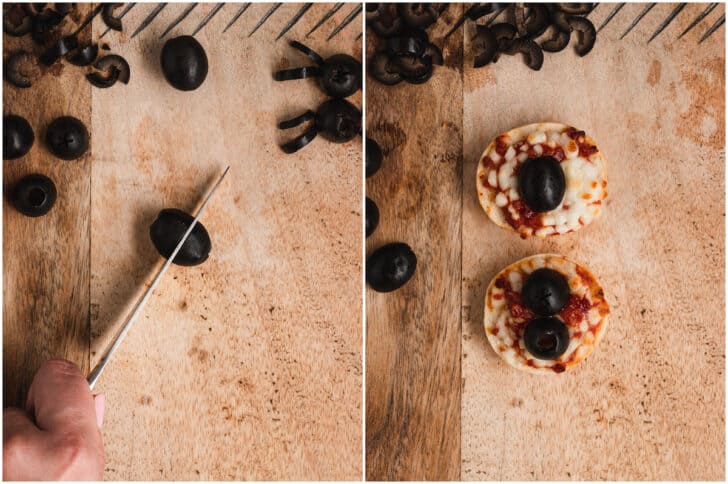 A wooden cutting board and stainless steel knife demonstrating how to cut a black olive to look like a spider.