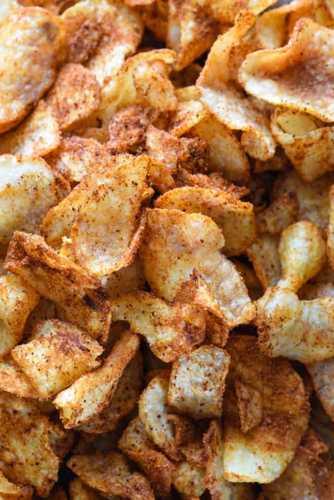 Closeup photo of spicy potato chips.
